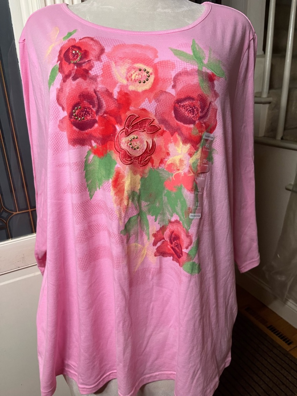 Breckenridge Woman 3X Pink Floral Embellished Top 3/4 Sleeve NWT Lagenlook